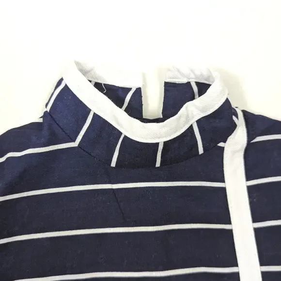 Vintage Dids Dress Baby Girls Size 9-12m Navy Stripe Drop Waist Mock Neck Mod - Picture 2 of 5